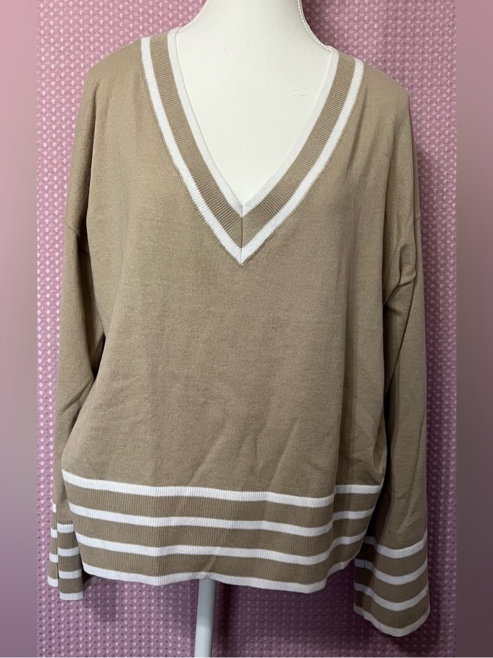 MICHAEL Michael Kors Tan V-Neck Sweater with White Trim